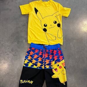 Pokemon Pikkachu Yellow rashguard top swim trunk shorts NEW boys Medium set